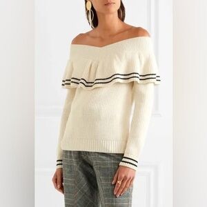 Women's Self-Portrait Off-Shoulder Ruffle Knit Sweater Cream Black Size M